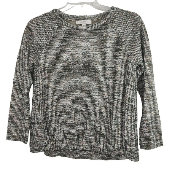 Loft Green Multi-color Tweed Top Women Petite Size MP Long Sleeve Elastic Hem - Picture 1 of 6